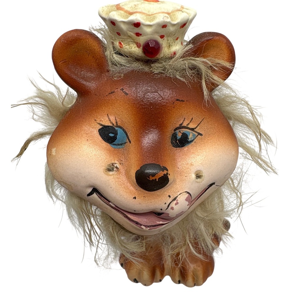 Enesco Ceramic Lion‎ Figurine with Crown Faux Fur Mane Kitschy Mid Century Decor